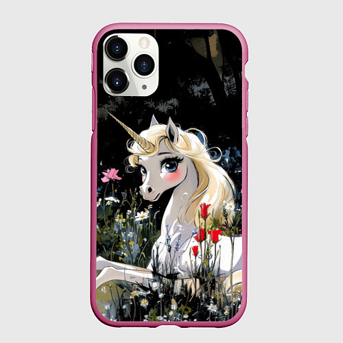 Чехол iPhone 11 Pro матовый Единорожка с золотыми копытами / 3D-Малиновый – фото 1