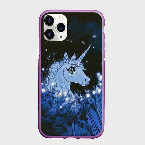 Чехол iPhone 11 Pro матовый Единорог и светлячки / 3D-Фиолетовый – фото 1