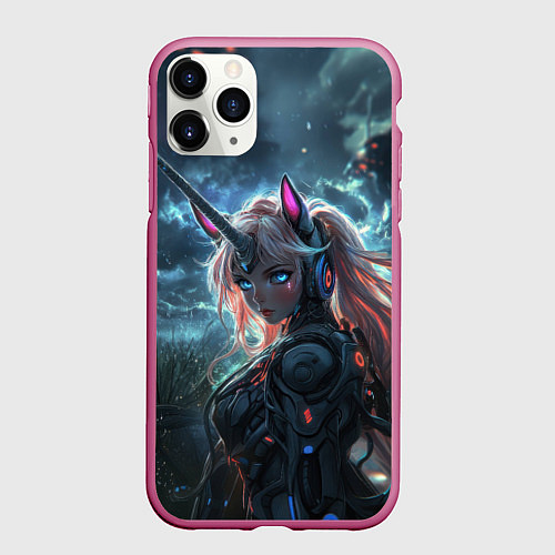 Чехол iPhone 11 Pro матовый Девушка - единорог киберпанк / 3D-Малиновый – фото 1