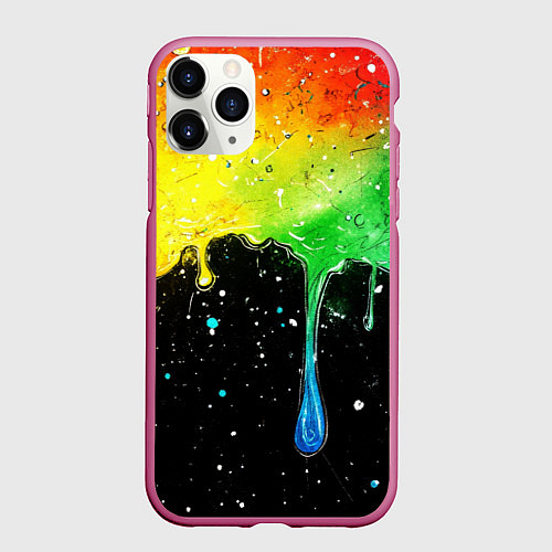 Чехол iPhone 11 Pro матовый Стекающая радуга по черному / 3D-Малиновый – фото 1