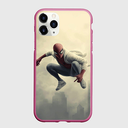 Чехол iPhone 11 Pro матовый Человек паук в прыжке / 3D-Малиновый – фото 1