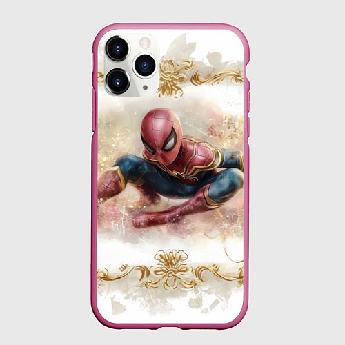 Чехол iPhone 11 Pro матовый Человек - паук розы и узоры / 3D-Малиновый – фото 1