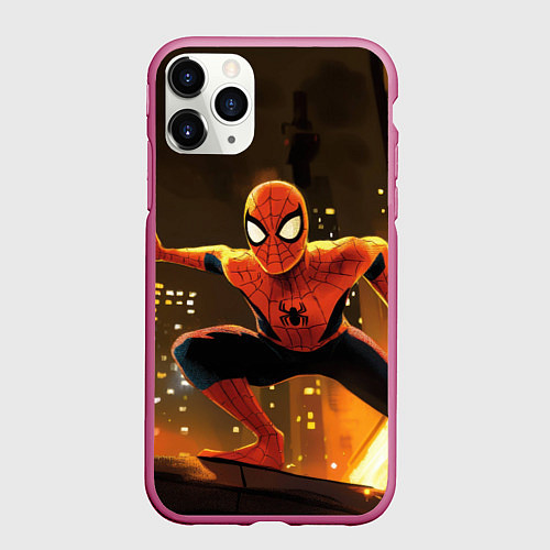 Чехол iPhone 11 Pro матовый Человек-паук пускает паутину / 3D-Малиновый – фото 1