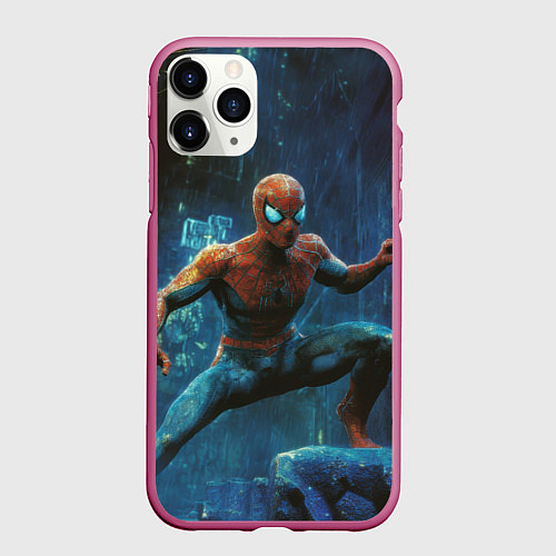 Чехол iPhone 11 Pro матовый Человек - паук в ночном городе / 3D-Малиновый – фото 1