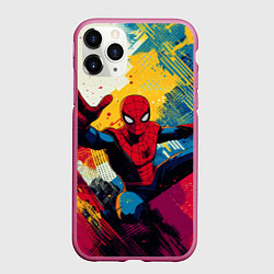 Чехол iPhone 11 Pro матовый Человек паук висит на паутине, цвет: 3D-малиновый