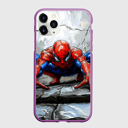 Чехол iPhone 11 Pro матовый Человек-паук палзет на стене / 3D-Фиолетовый – фото 1