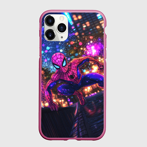 Чехол iPhone 11 Pro матовый Человек-паук и фиолетовый свет / 3D-Малиновый – фото 1