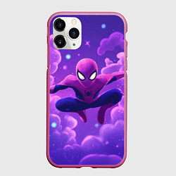 Чехол iPhone 11 Pro матовый Человек-паук на фоне облаков, цвет: 3D-малиновый