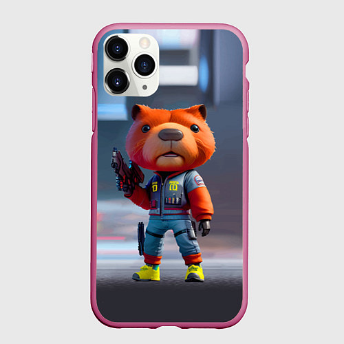 Чехол iPhone 11 Pro матовый Крутой капибара с пистолетом - киберпанк фантазия / 3D-Малиновый – фото 1