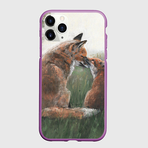 Чехол iPhone 11 Pro матовый Лиса с лисёнком / 3D-Фиолетовый – фото 1