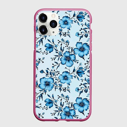 Чехол iPhone 11 Pro матовый Голубые цветы на светлом фоне паттерн / 3D-Малиновый – фото 1