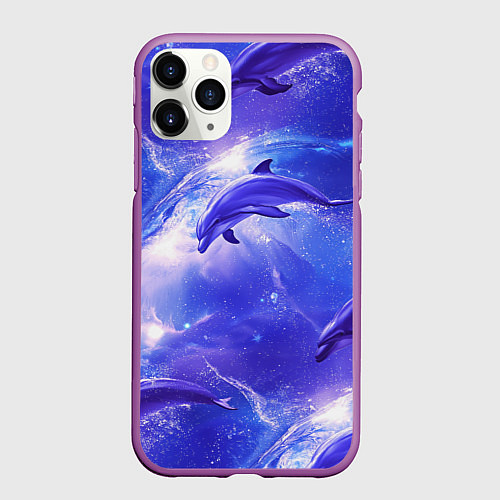 Чехол iPhone 11 Pro матовый Дельфины в волшебном море паттерн / 3D-Фиолетовый – фото 1