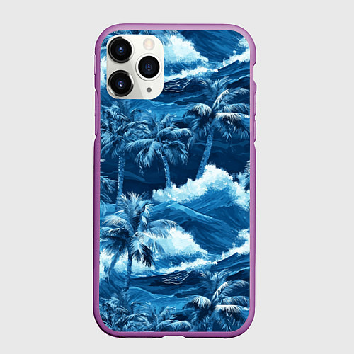 Чехол iPhone 11 Pro матовый Пальмы и волны - голубые оттенки паттерн / 3D-Фиолетовый – фото 1