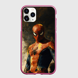 Чехол iPhone 11 Pro матовый Человек-паук портрет, цвет: 3D-малиновый