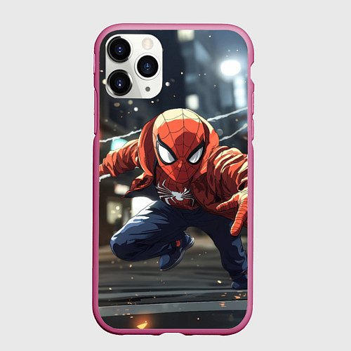 Чехол iPhone 11 Pro матовый Человек-паук запускает паутину / 3D-Малиновый – фото 1