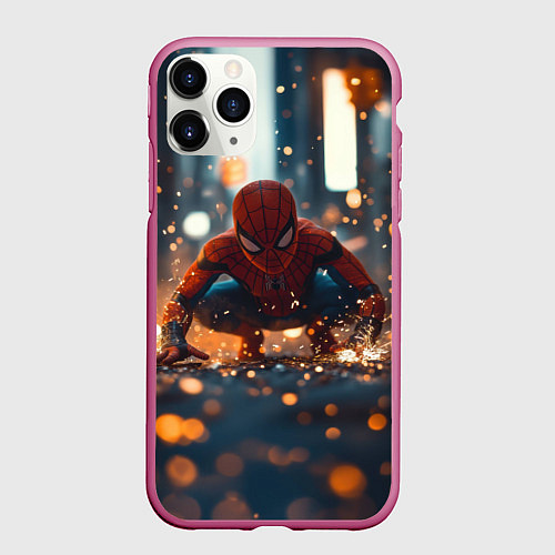Чехол iPhone 11 Pro матовый Человек паук и золотая пыльца / 3D-Малиновый – фото 1