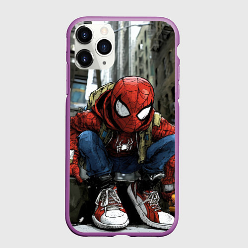 Чехол iPhone 11 Pro матовый Человек-паук в больших кедах / 3D-Фиолетовый – фото 1