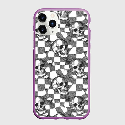 Чехол iPhone 11 Pro матовый Черепа и клетчатый фон с дырами / 3D-Фиолетовый – фото 1