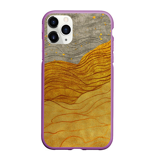Чехол iPhone 11 Pro матовый Золотые волны на сером текстура / 3D-Фиолетовый – фото 1