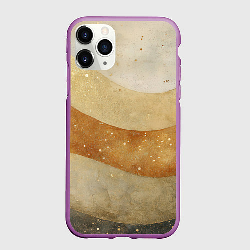 Чехол iPhone 11 Pro матовый Бежево-золотые полосы с блестками / 3D-Фиолетовый – фото 1