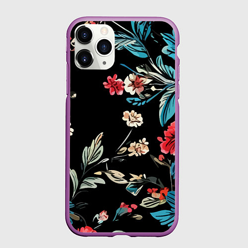 Чехол iPhone 11 Pro матовый Цветы старинный узор / 3D-Фиолетовый – фото 1