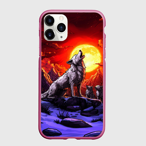 Чехол iPhone 11 Pro матовый Белый волк воет на луну / 3D-Малиновый – фото 1