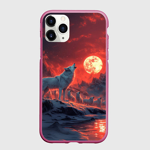 Чехол iPhone 11 Pro матовый Белый волк воет на луну / 3D-Малиновый – фото 1