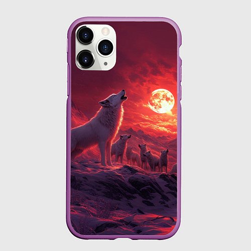 Чехол iPhone 11 Pro матовый Белый волк воет на луну / 3D-Фиолетовый – фото 1