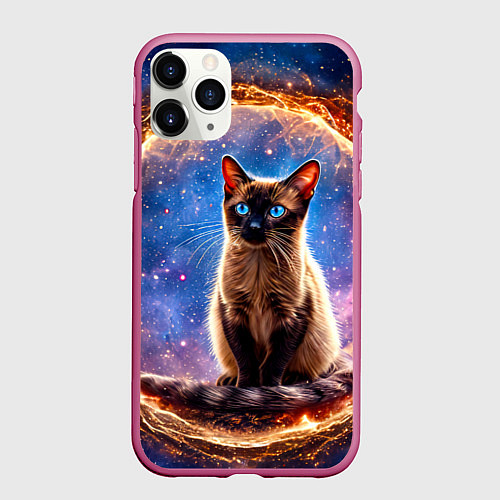 Чехол iPhone 11 Pro матовый Сиамская кошка в космосе / 3D-Малиновый – фото 1