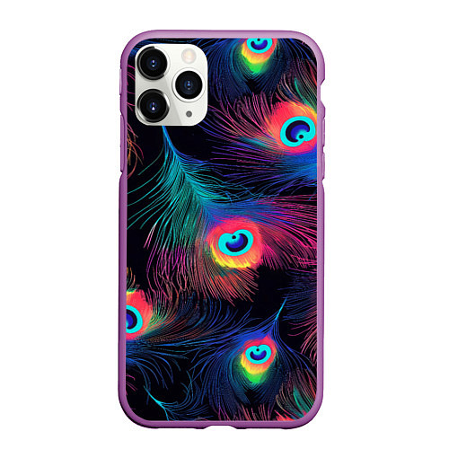 Чехол iPhone 11 Pro матовый Павлиньи перья - разные оттенки / 3D-Фиолетовый – фото 1