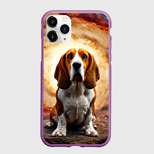 Чехол iPhone 11 Pro матовый Бассет-хаунд в космосе / 3D-Фиолетовый – фото 1