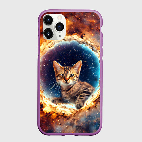 Чехол iPhone 11 Pro матовый Сингапурская кошка в космосе / 3D-Фиолетовый – фото 1