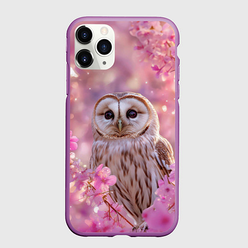 Чехол iPhone 11 Pro матовый Белая сова и розовые цветы / 3D-Фиолетовый – фото 1