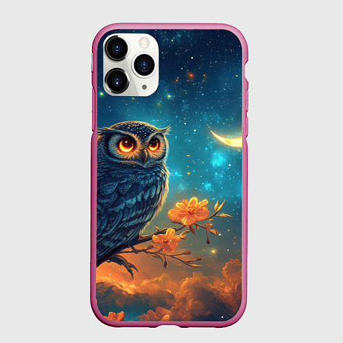 Чехол iPhone 11 Pro матовый Сова на фоне ночного неба / 3D-Малиновый – фото 1
