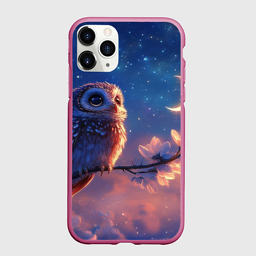 Чехол iPhone 11 Pro матовый Сова на фоне ночного неба / 3D-Малиновый – фото 1