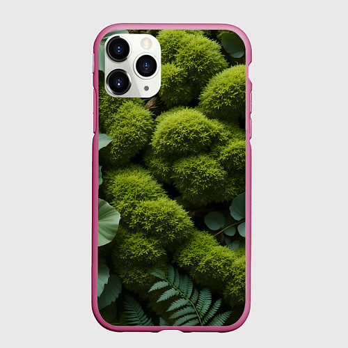Чехол iPhone 11 Pro матовый Зеленый мох и листья / 3D-Малиновый – фото 1