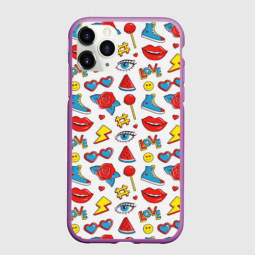 Чехол iPhone 11 Pro матовый Паттерн с яркими молодежными стикерами / 3D-Фиолетовый – фото 1