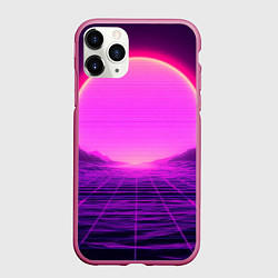Чехол iPhone 11 Pro матовый Синтвейв ретровейв неоновый узор и солнце