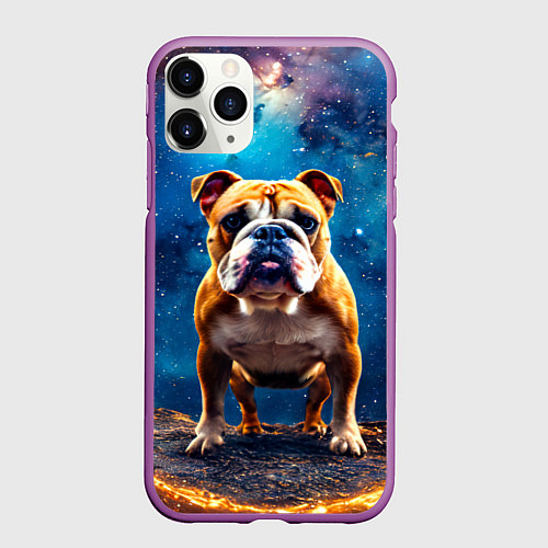 Чехол iPhone 11 Pro матовый Бульдог в космосе / 3D-Фиолетовый – фото 1