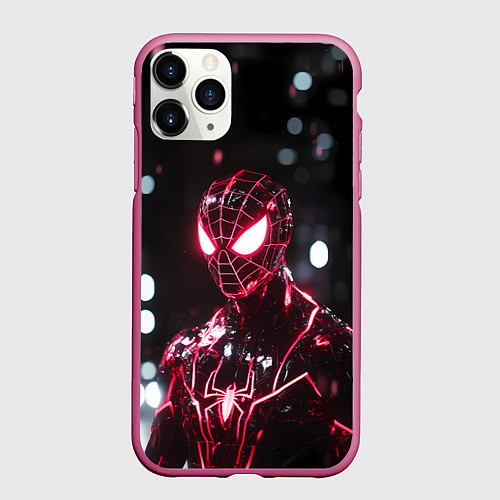 Чехол iPhone 11 Pro матовый Человек-паук в красно-черном костюме / 3D-Малиновый – фото 1