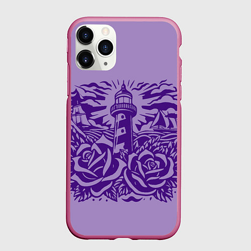 Чехол iPhone 11 Pro матовый Маяк с розами и корабли / 3D-Малиновый – фото 1