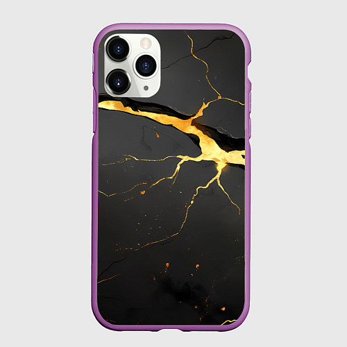 Чехол iPhone 11 Pro матовый Золотой разлом в текстуре / 3D-Фиолетовый – фото 1