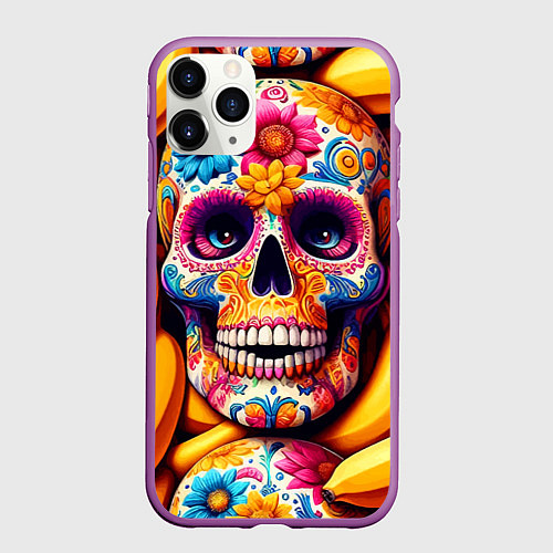 Чехол iPhone 11 Pro матовый Цветочный череп среди бананов - нейроарт / 3D-Фиолетовый – фото 1