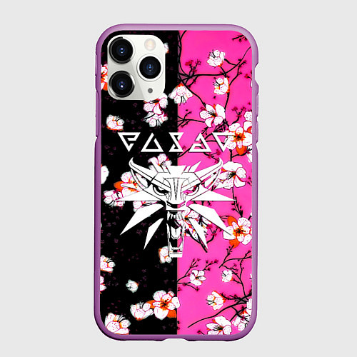Чехол iPhone 11 Pro матовый Ведьмак паттерн сакура / 3D-Фиолетовый – фото 1