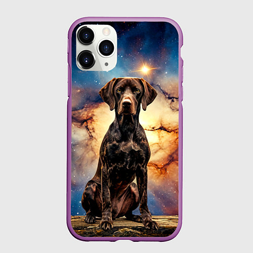 Чехол iPhone 11 Pro матовый Курцхаар и космос / 3D-Фиолетовый – фото 1