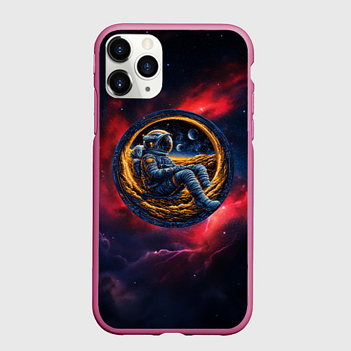 Чехол iPhone 11 Pro матовый Космонавт сидит в луне / 3D-Малиновый – фото 1