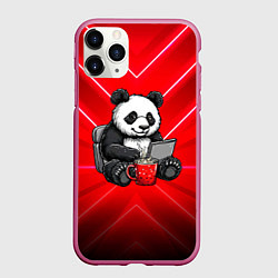 Чехол iPhone 11 Pro матовый Панда работает за ноутбуком, цвет: 3D-малиновый