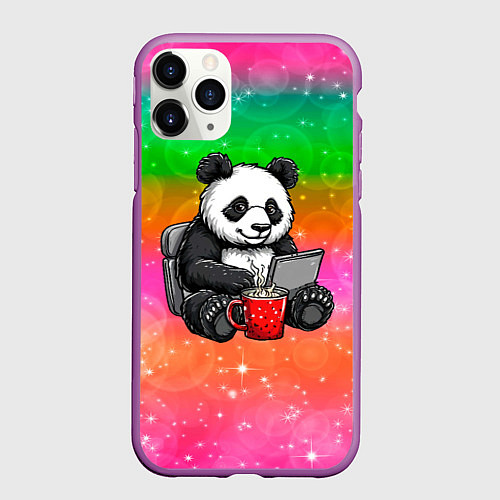 Чехол iPhone 11 Pro матовый Панда с кофе за ноутом / 3D-Фиолетовый – фото 1