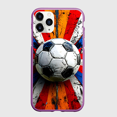 Чехол iPhone 11 Pro матовый Футбольный мяч в ярких линиях / 3D-Фиолетовый – фото 1