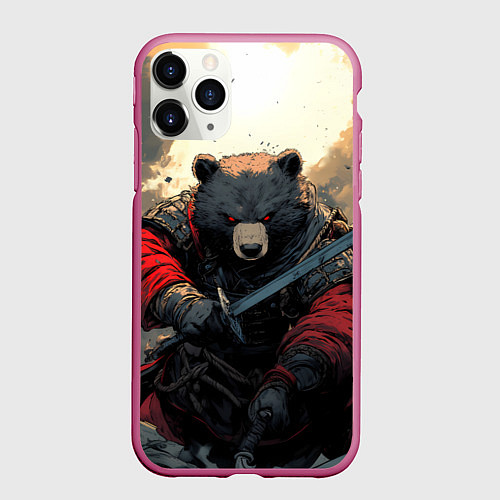 Чехол iPhone 11 Pro матовый Медведь самурай / 3D-Малиновый – фото 1